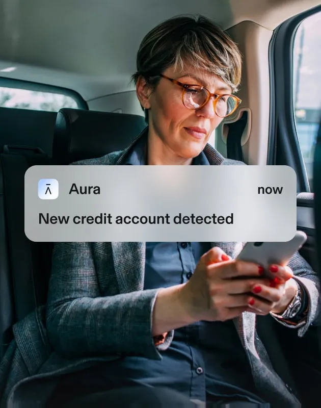 Aura user gets 2 credit alerts on their phone that say Aura, now, New credit account detected, and Aura, 3m ago, An attempt to access your credit file was blocked.